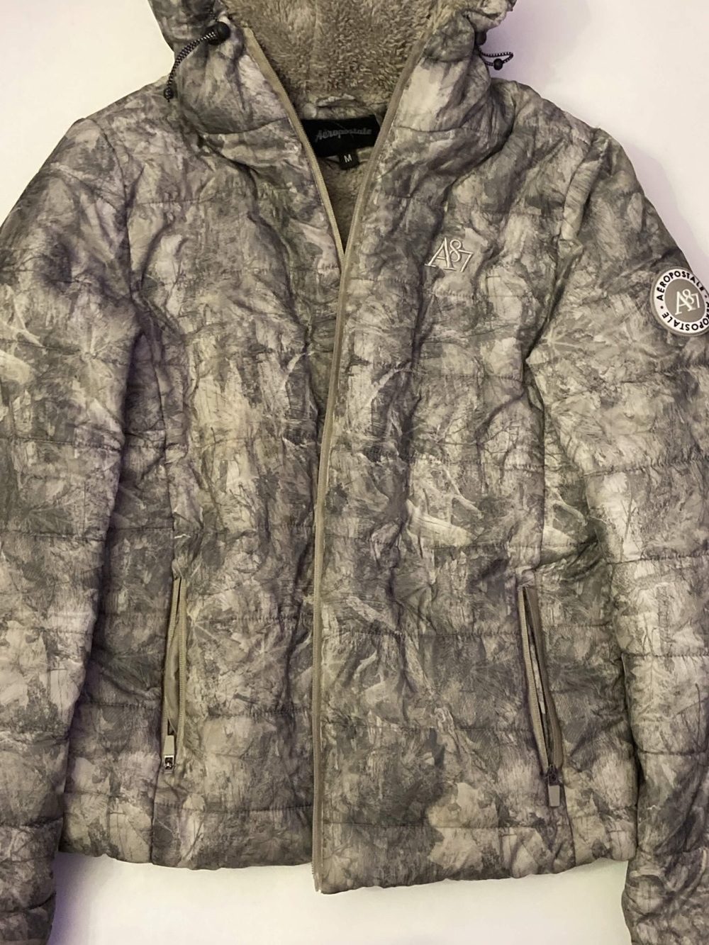 Aeropostale Gray Camouflage Quilted Hooded Puffer Jacket